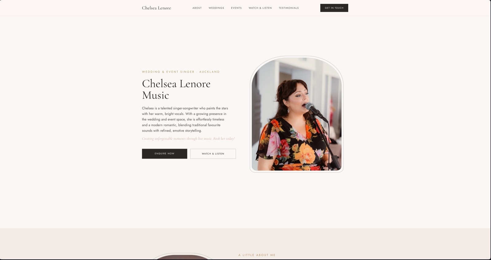 Homepage of the Chelsea Lenore Music website — a soft ivory, blush, and champagne-gold design for a wedding and event singer.